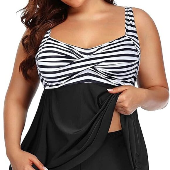 AQUA EVE FLOWY BLACK WHITE STRIPE TWIST FRONT BOY SHORTS TANKINI SET SIZE 18 NWT - Picture 2 of 8